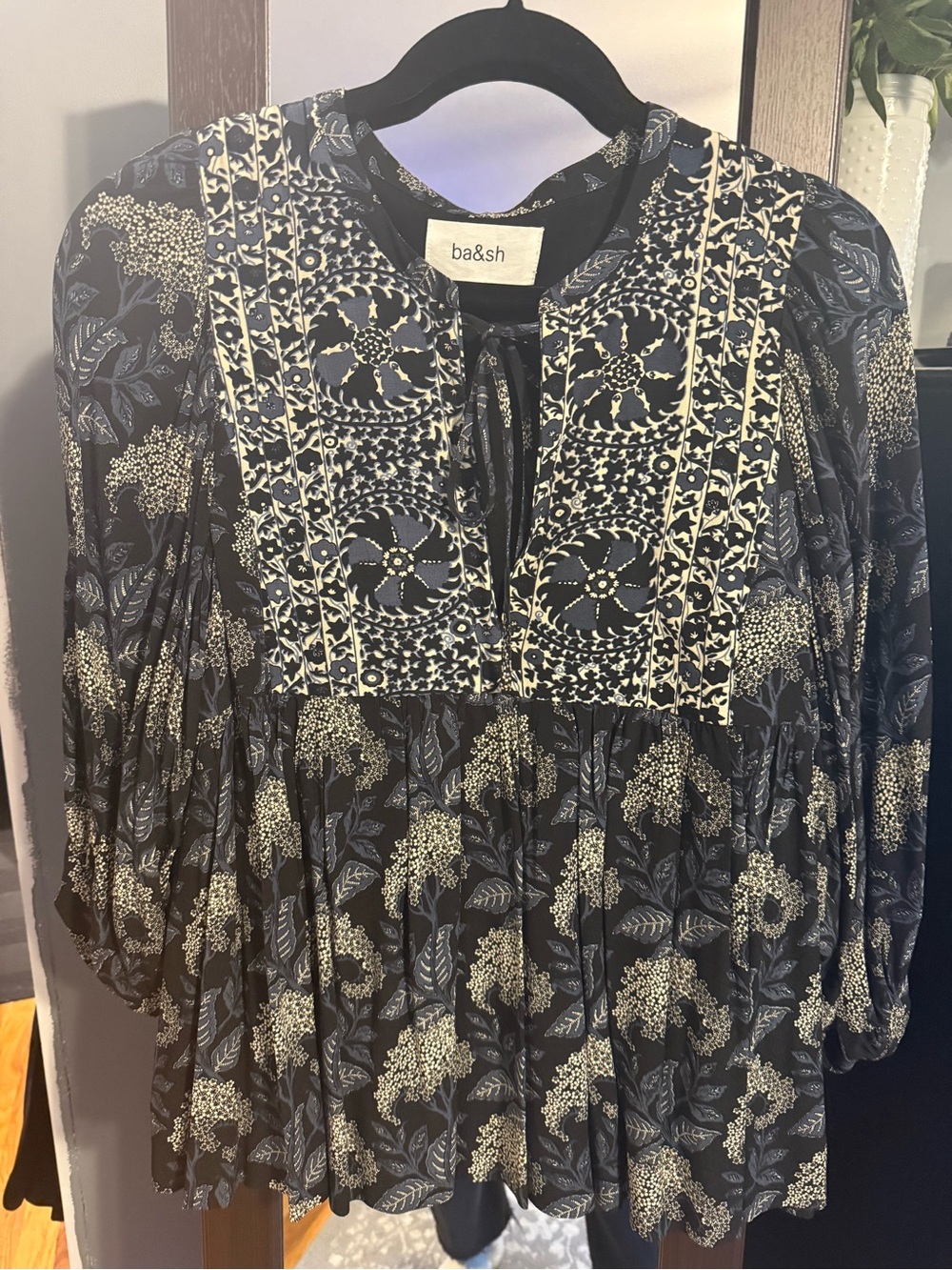 ba&sh Navy and Cream Floral Embroidered Tunic Blouse
